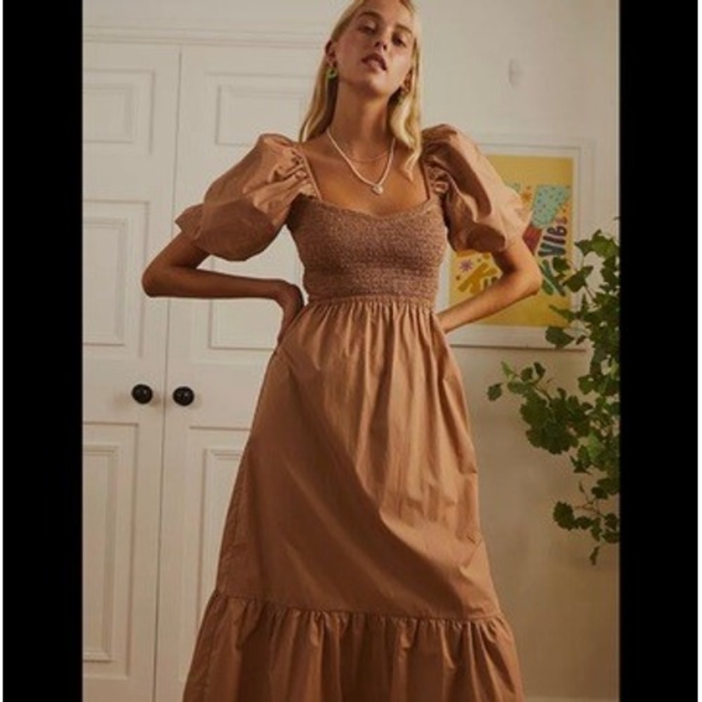 Faithfull The Brand Brown Smocked Puff Sleeve Midi Dress XXL Cutout Cotton